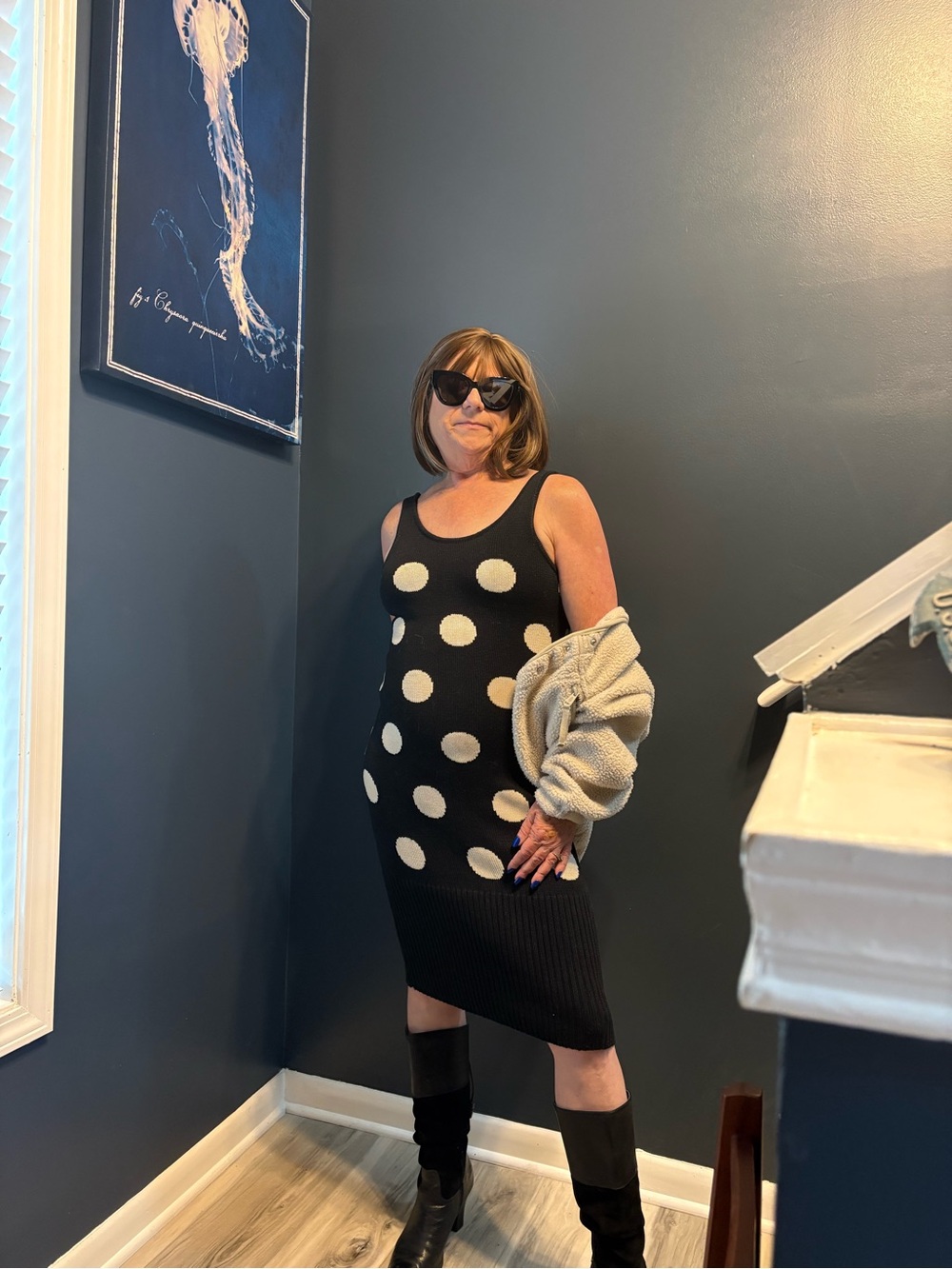 Andrea Jovine Black Knit Midi Dress with Cream Polka Dots
